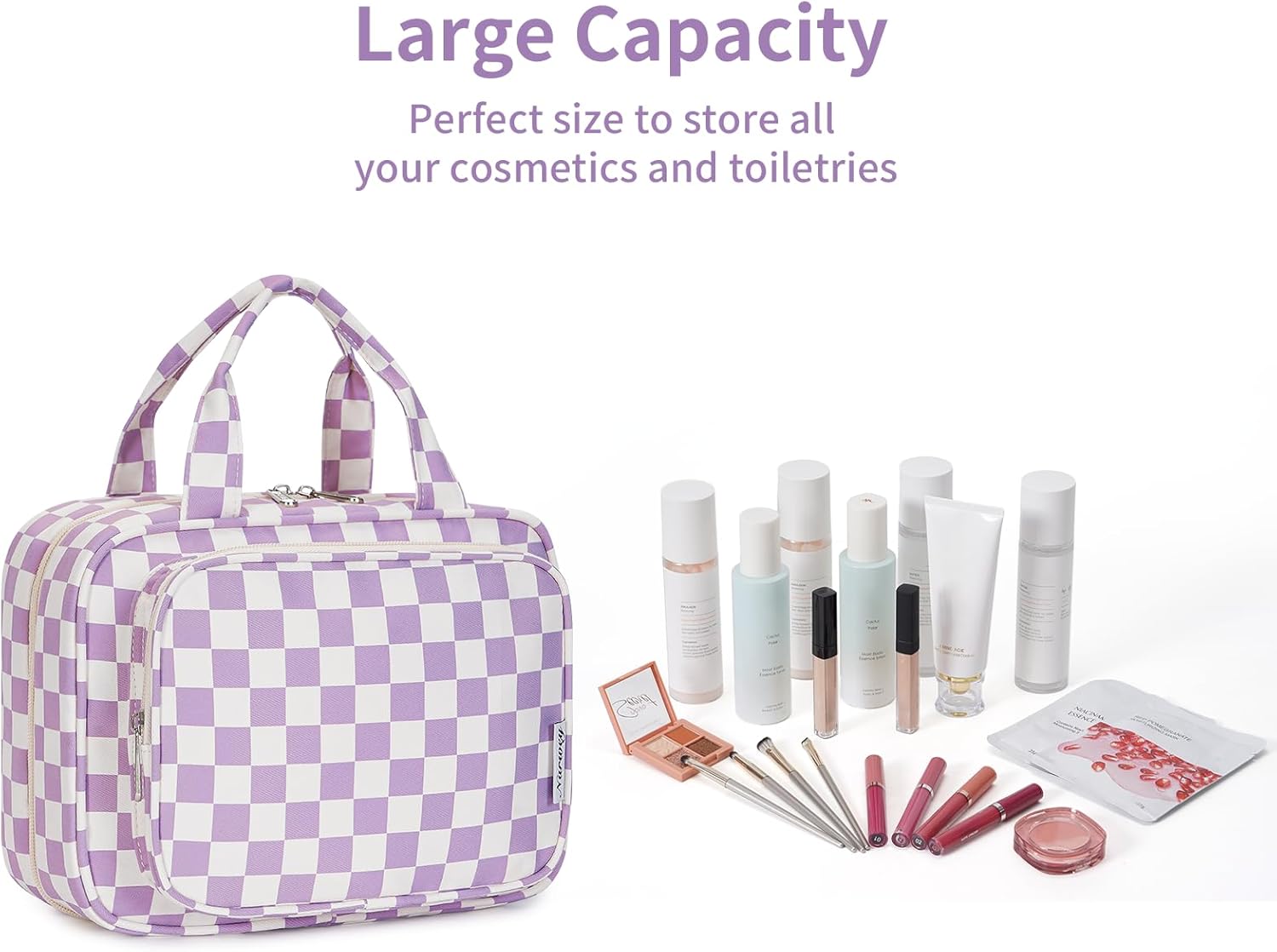 Narwey Hanging Toiletry Bag for Women Travel Makeup Bag Organizer Toiletries Bag for Travel Size Essentials Accessories Cosmetics (Purple Checkerboard (Medium))