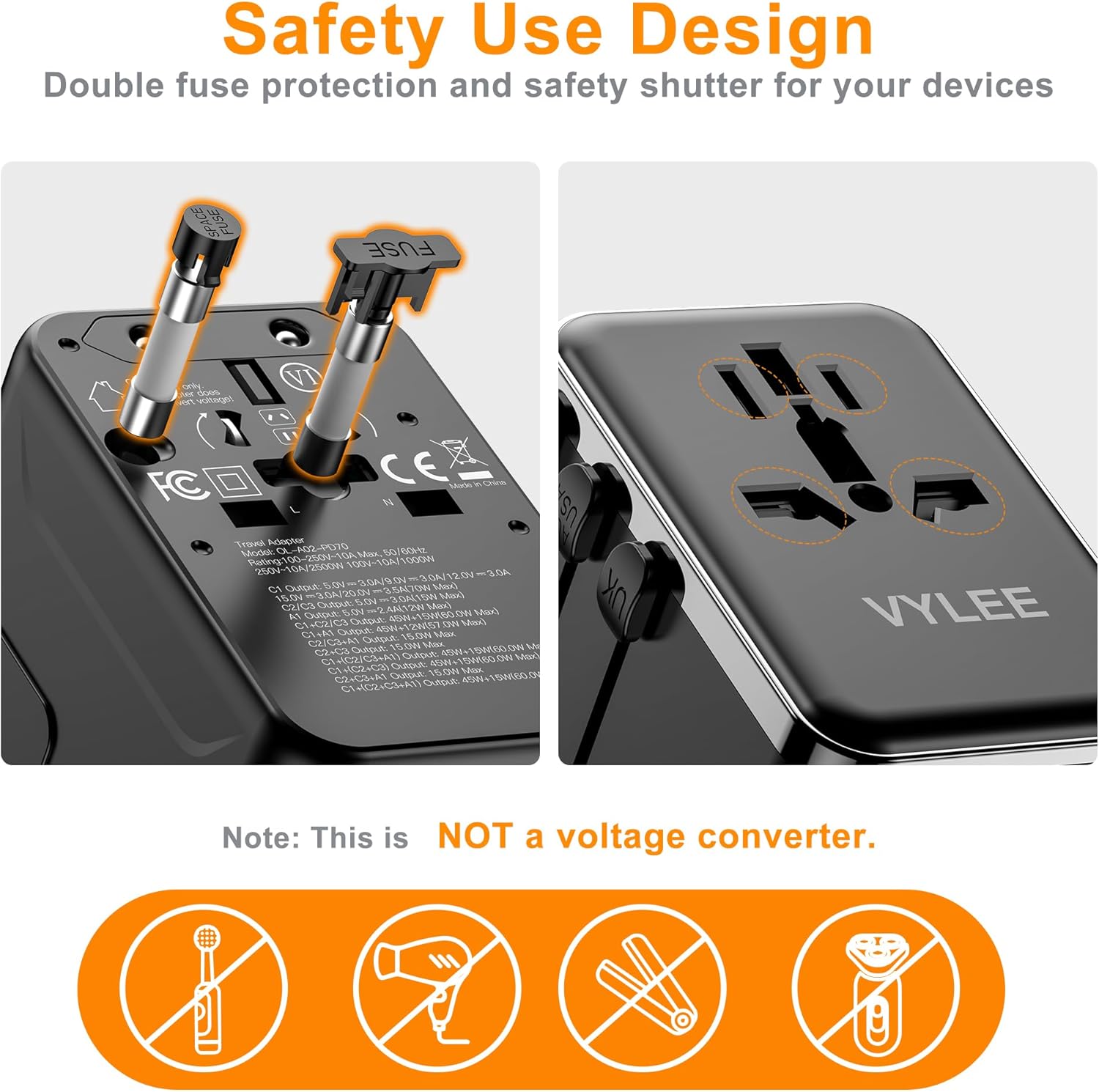 Universal Travel Adapter, VYLEE 70W International Plug Adapter with PD Fast Charging, 5-Port (1 AC/1 USB-A/3 USB-C), Wall Charger Worldwide Travel Essentials Plug for USA EU UK AUS Japan (Black)