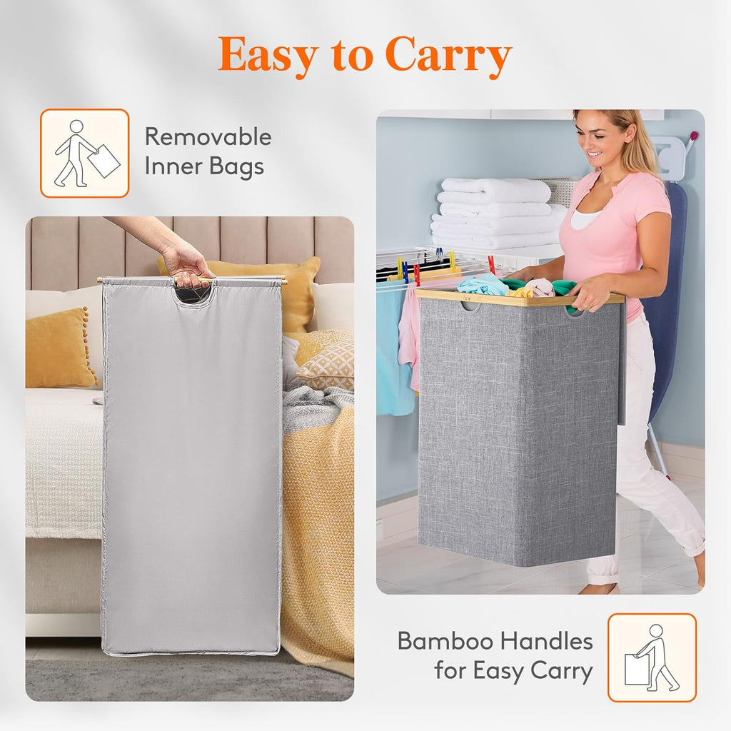 Lifewit 170L Triple Laundry Hamper with Lid, Extra Large Bamboo Laundry Basket Dirty Clothes Hamper,3 Section Laundry Bin Organizer for Laundry Room Bedroom with 3 Removable Liners & Bags, Light Gray