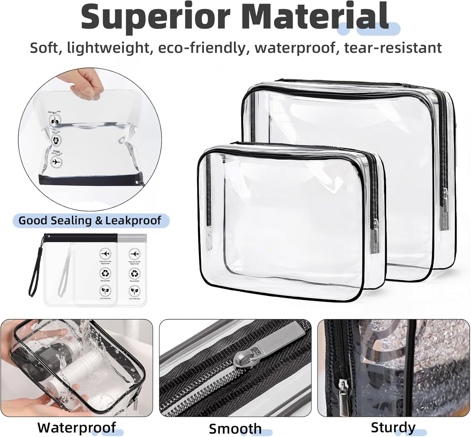 ABSOFINE Clear Toiletry Bag for Travel Size Toiletries, 4 Pack Large Waterproof PVC Makeup Bags with 2 Pack Airport Security Liquids Bags, Travel Essentials toiletry Bottles for Women Girls Men