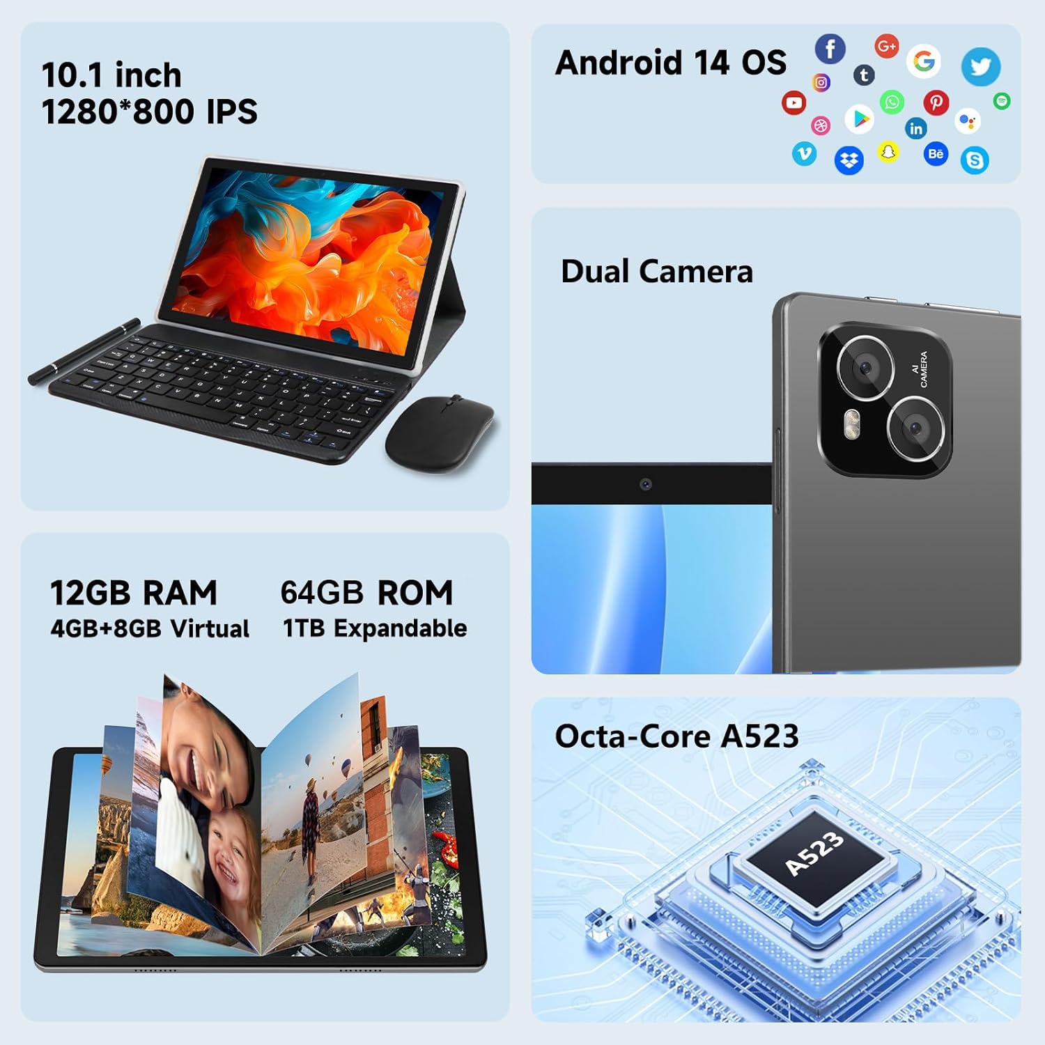 Tablet, Android 14 Tablet with 12GB RAM 64GB ROM, Octa-Core Processor Tablets with Keyboard, Mouse, 10.1 Inch 1280 * 800 IPS Touch Screen, Dual Camera, WiFi 6, BT 5.4, 6000mAh Battery