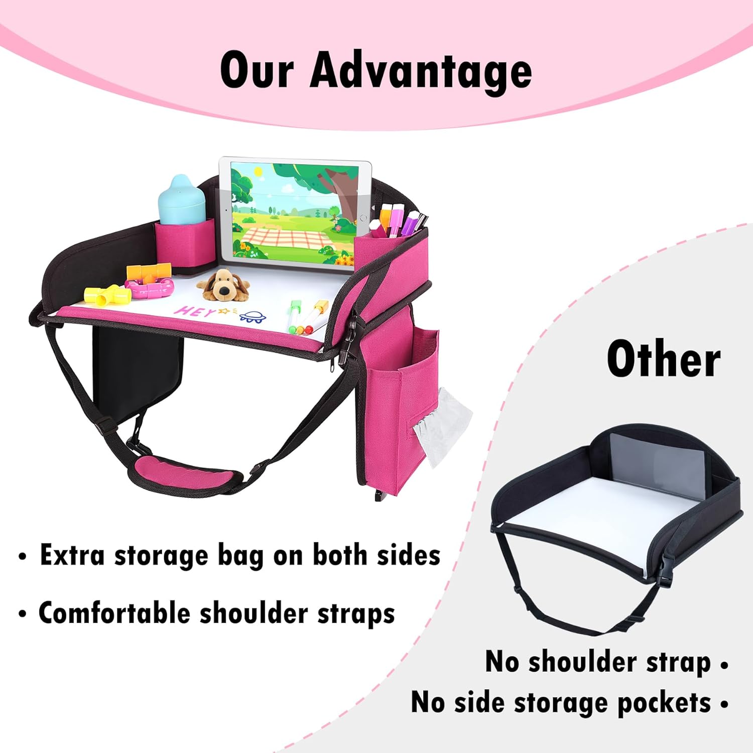 Kids Travel Tray, Travel Tray For Kids Car Seat, Toddler Road Trip Essentials With Drawing Kit, Carseat Tray For Kids Travel, Travel Activities Road Trip Must Haves For Kids (Pink)