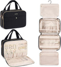 Hanke Hanging Travel Toiletry Bag for Women with Jewelry Organizer Compartment, Travel Essentials Toiletries and Makeup Bag, Water-Resistant & Stain-Resistant with Trolley Strap (Black)