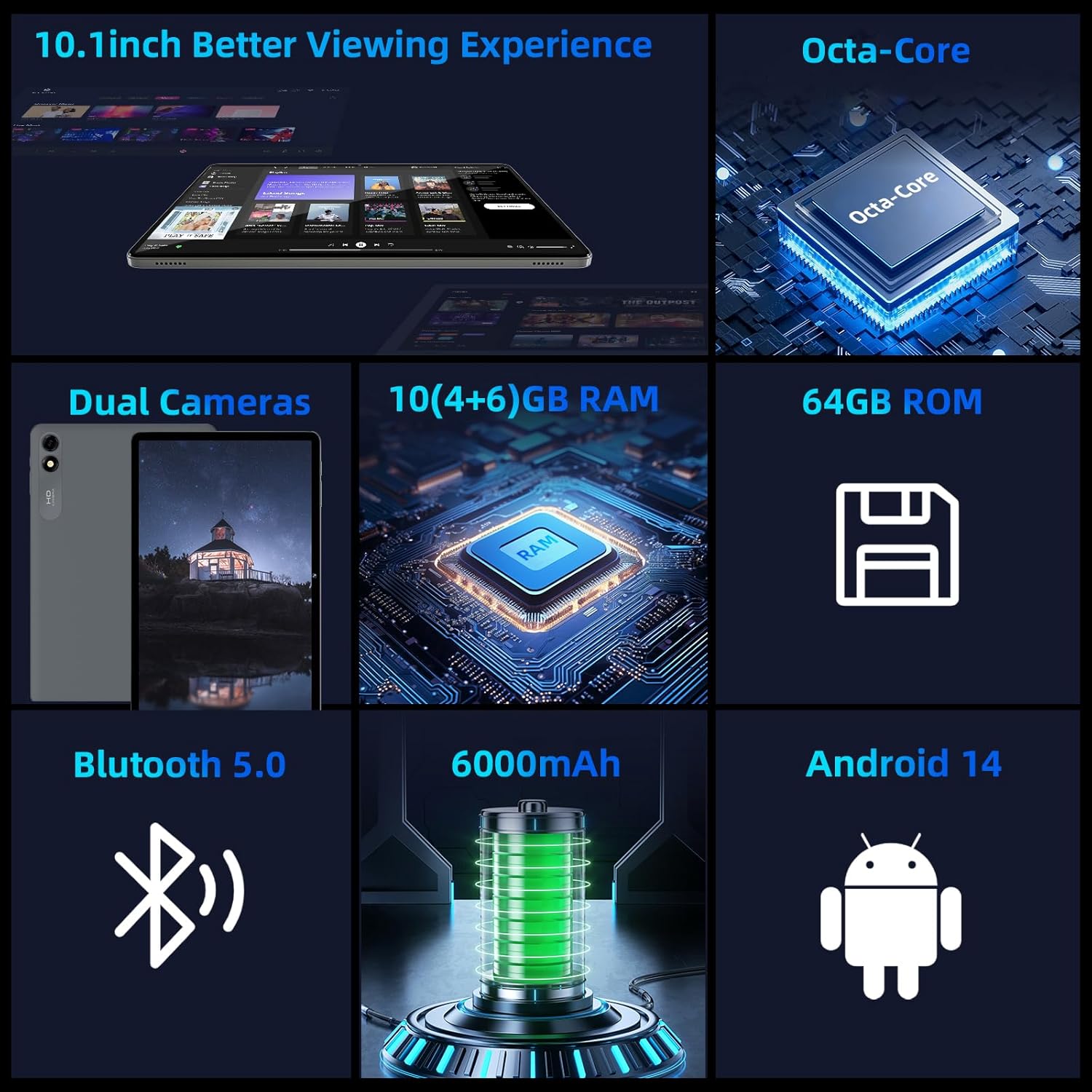 Android 14 Tablet,10 inch Tablets, Octa Core Processor, 10GB+64GB+512GB Expansion, 1280x800 HD IPS Display Screen, Wi-Fi6, Dual Camera, 6000mAh Battery Tablet PC,Support Widevine L1 Google Kids Space