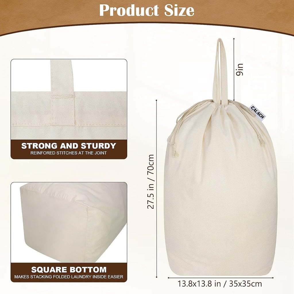 Canvas Laundry Bags with Handles & Square Base13.8"x 13.8", Large Heavy Duty Laundry Basket Hamper Liner, College Dorm Washable Drawstring Cotton Dirty Clothes Bag (Natural,2 Pack)