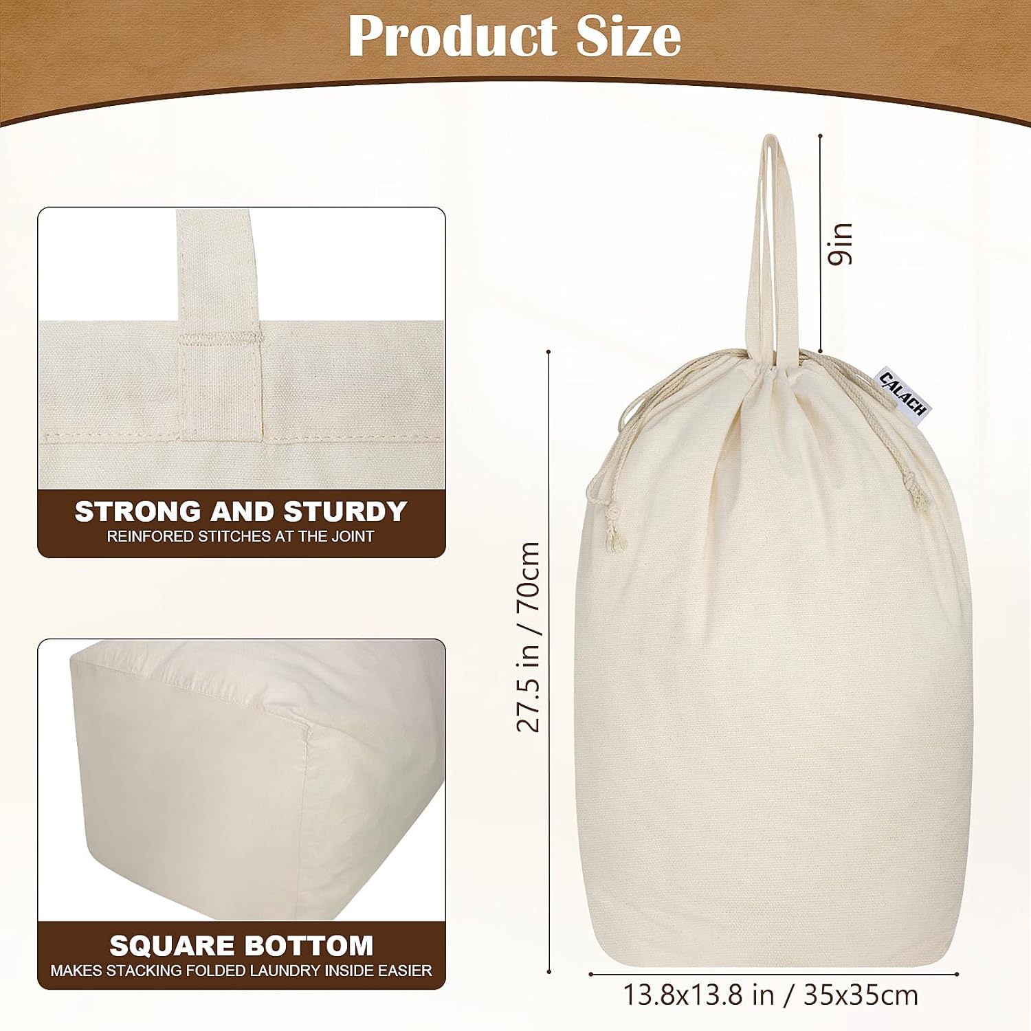 Canvas Laundry Bags with Handles & Square Base13.8"x 13.8", Large Heavy Duty Laundry Basket Hamper Liner, College Dorm Washable Drawstring Cotton Dirty Clothes Bag (Natural,2 Pack)