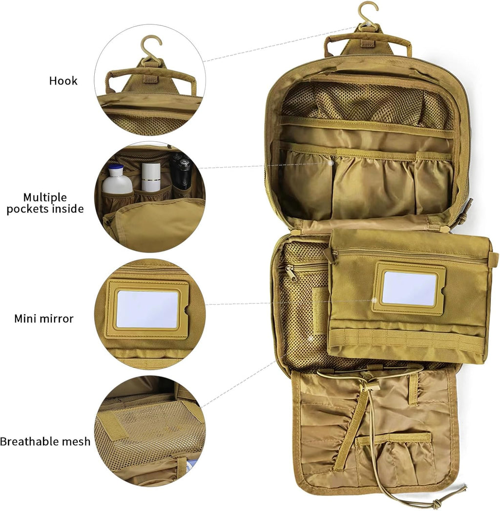 SUNRISING Tactical Toiletry Bag for Men - Hanging Travel Dopp Kit, Shaving Hygiene Organizer, Durable Bathroom Essentials for Short Trips & Camping Khaki（No molle）