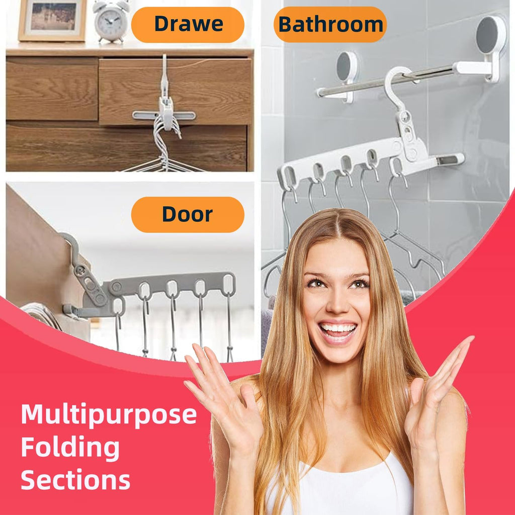 Portable Foldable Clothes Hanger, Plastic Travel Foldable Coat Hangers Clothes Drying Rack with 5 Holes Folding Hangers with Clips for Travel (2 Racks+5 Hanger)