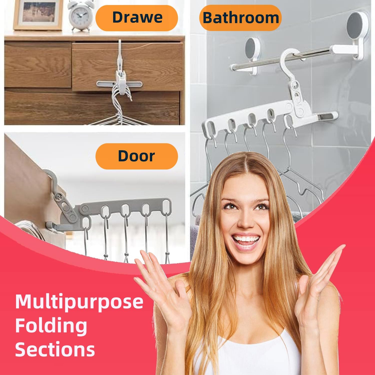 Portable Foldable Clothes Hanger, Plastic Travel Foldable Coat Hangers Clothes Drying Rack with 5 Holes Folding Hangers with Clips for Travel (2 Racks+5 Hanger)