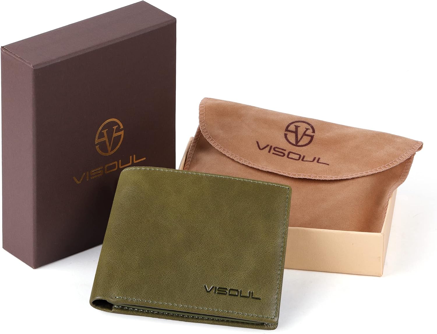 VISOUL Men's Bifold Wallet with 2 ID Windows, Genuine Leather Card Holder Front Pocket Wallet with RFID Blocking for Men (Green)