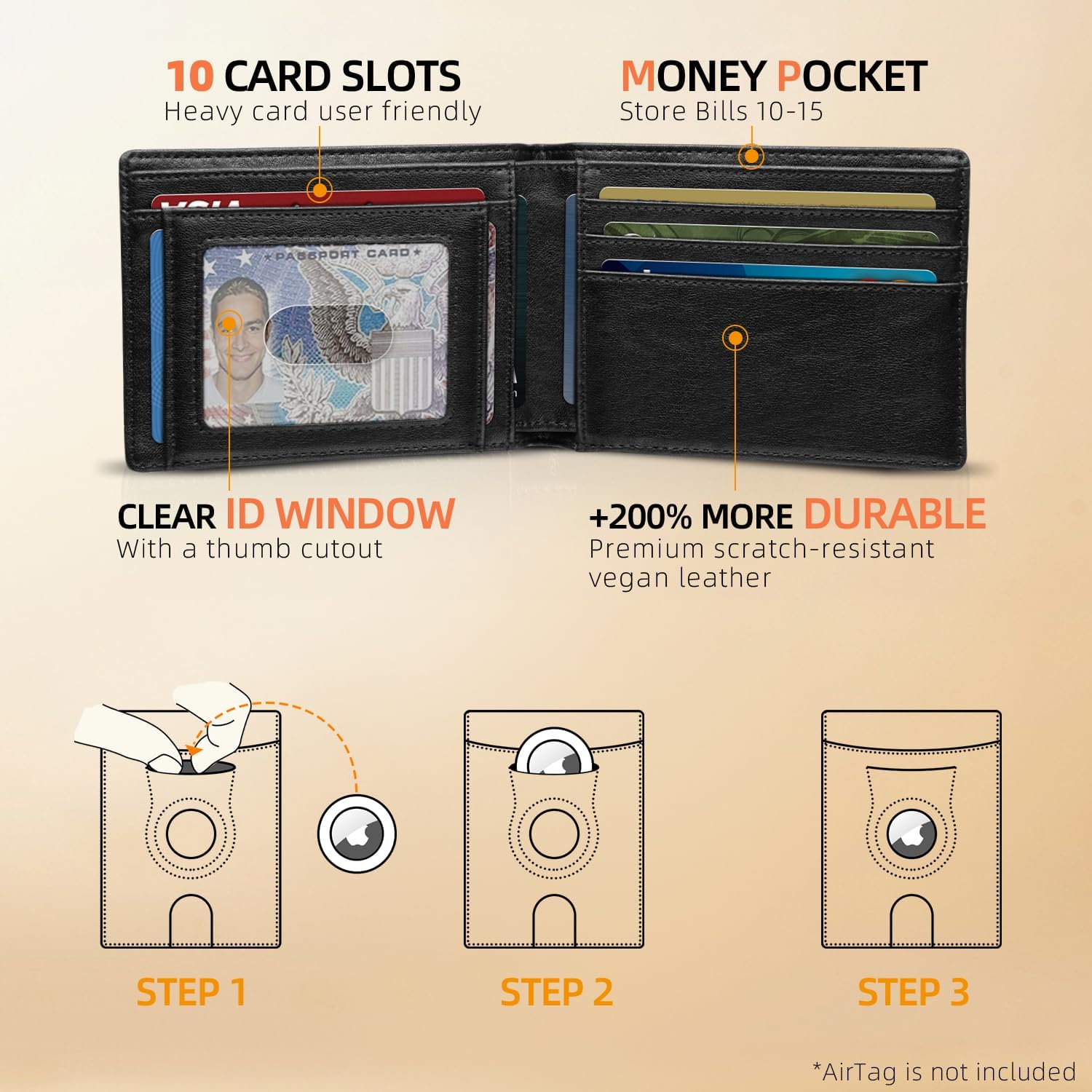 RUNBOX AirTag-Wallet-Mens-Slim-RFID Blocking Wallets Leather with Bill Compartment Air Tag Bifold Card Holder Wallet Gifts for Men Dad