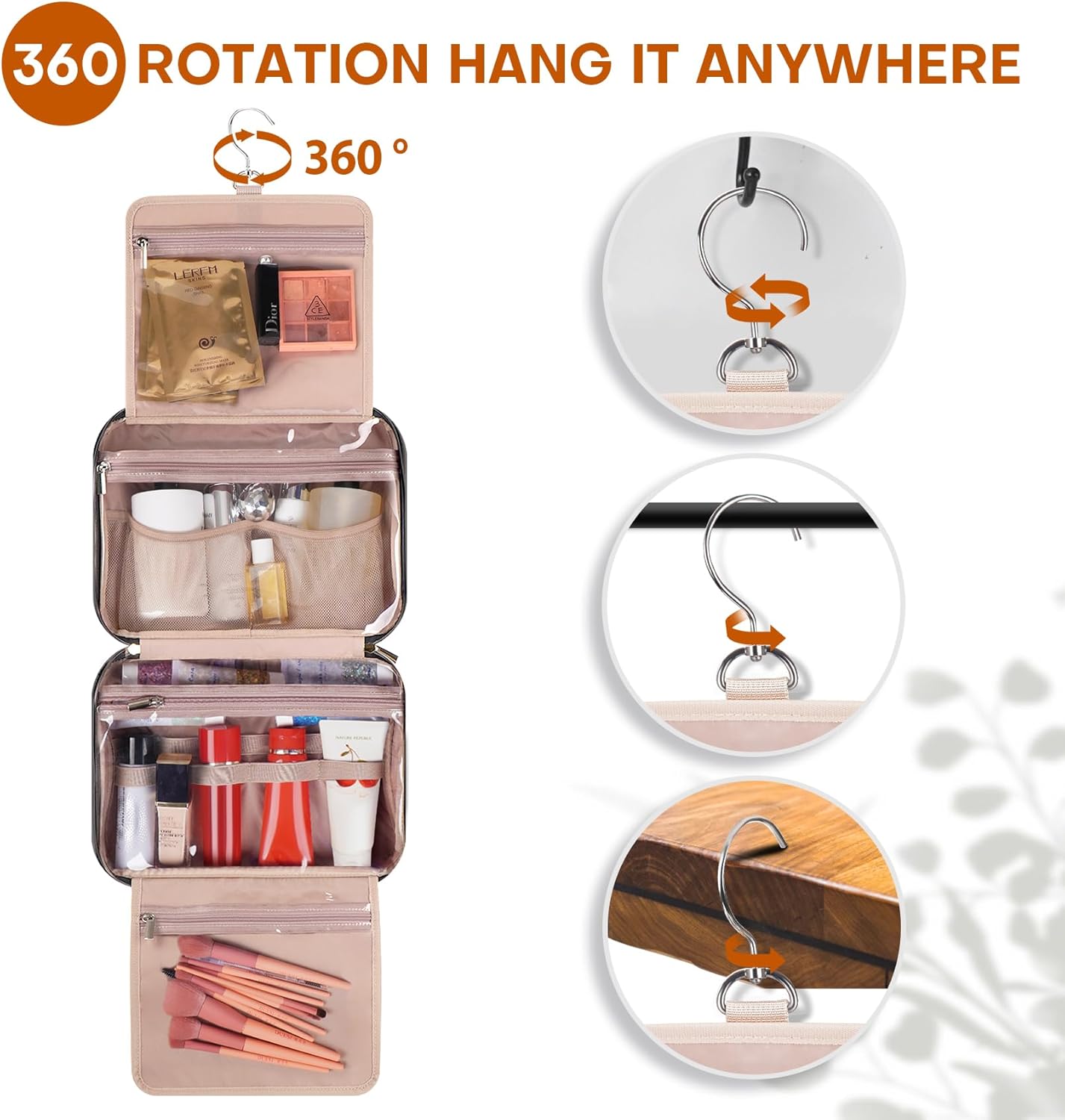 Hanging Toiletry Bag for Women Travel, 2 Sizes Large & Small Waterproof Cosmetic Organizer with 4 Compartments, Rotating Hook, Foldable Pink Travel Bag for Toiletries & Makeup - Large Black