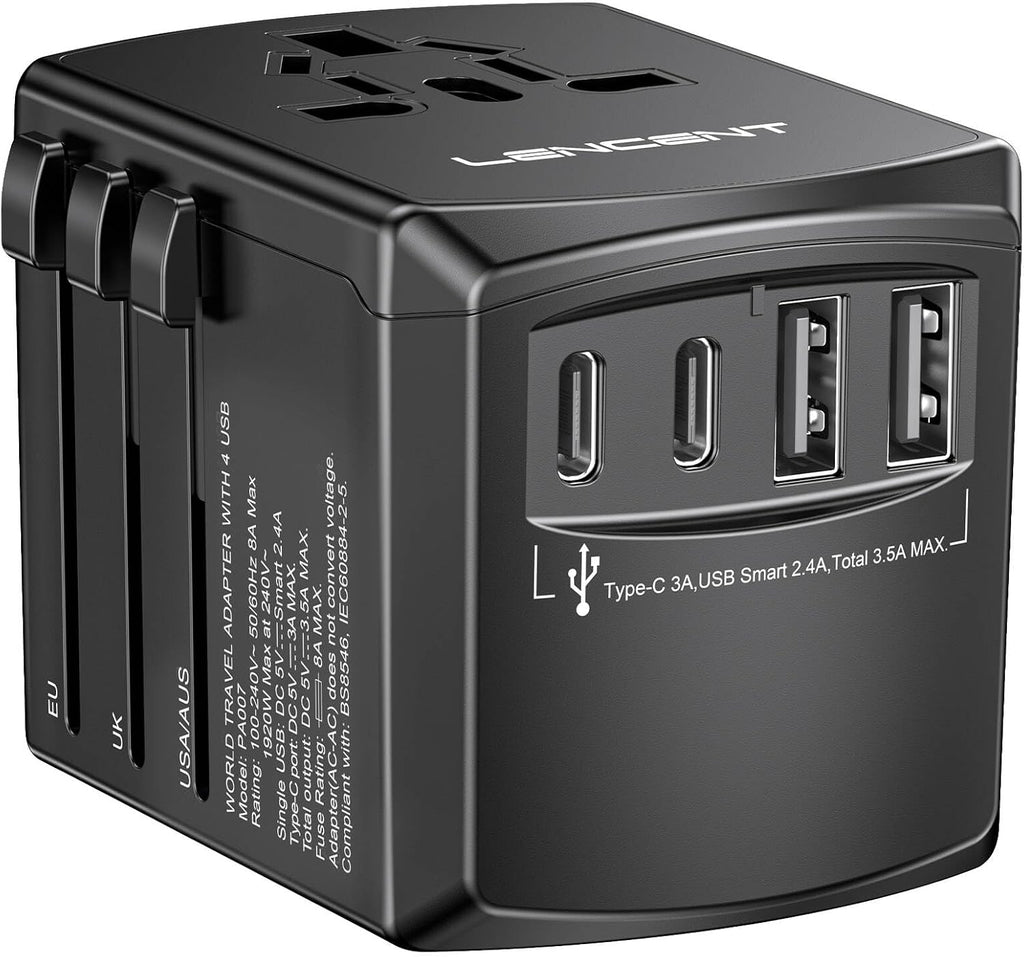 LENCENT Universal Travel Power Adapter, International AC Plug Adaptor with 2 USB C 2 USB A Ports Wall Charger Worldwide Travel Essentials for US to EU UK Ireland Australia (Type C/G/A/I) Black