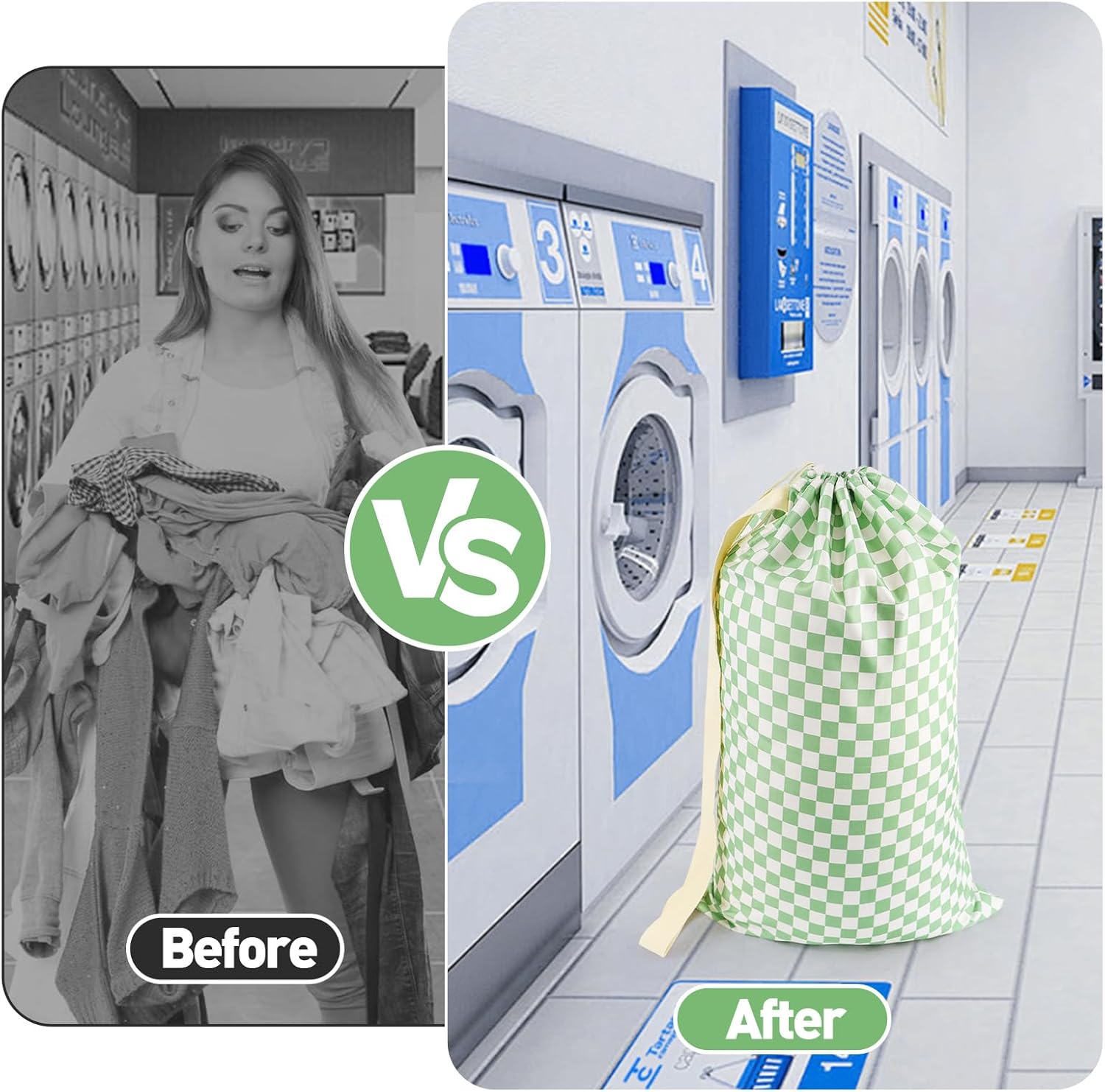 Laundry Bag, Dirty Backpack Laundry Bag For College Travel Laundromat Apartment, With Handles 29" X 18" (Green White Checkered)