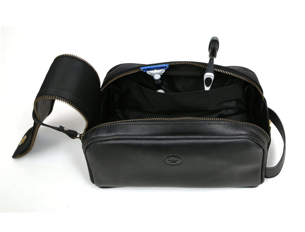 10" Premium Leather Toiletry Travel Pouch With Waterproof Lining Black Color | King-Size Handcrafted Vintage Dopp - Kit ~ Gift for Father's Day By Aaron Leather Goods