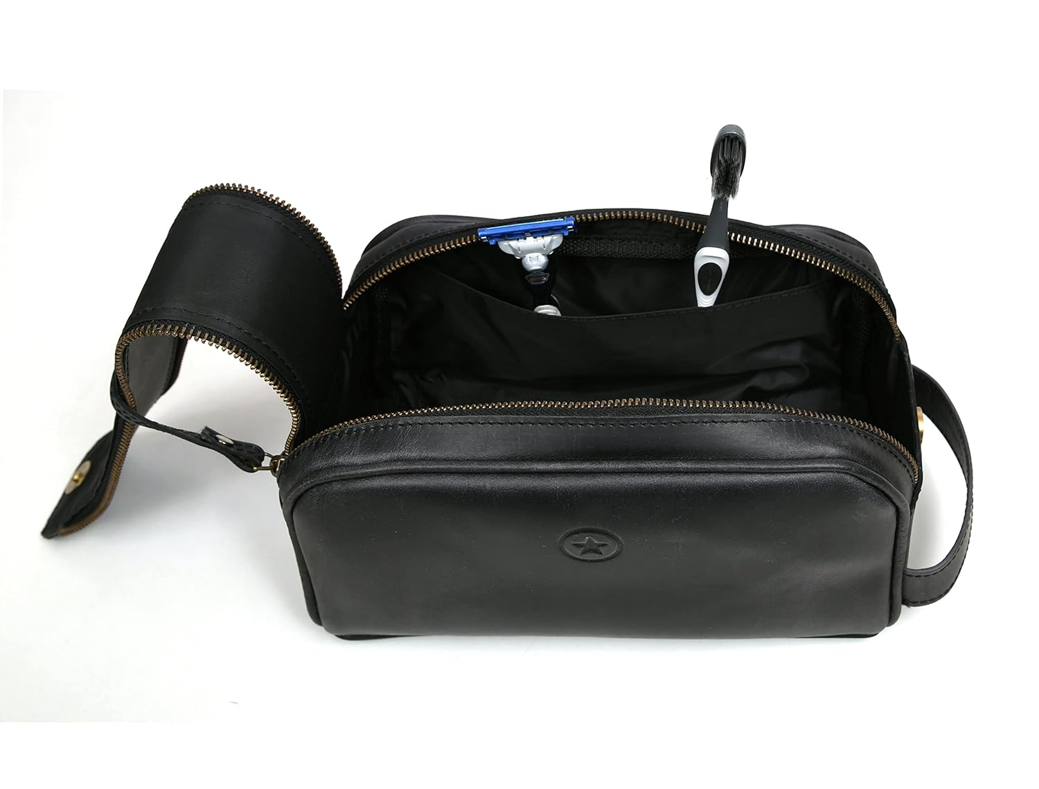 10" Premium Leather Toiletry Travel Pouch With Waterproof Lining Black Color | King-Size Handcrafted Vintage Dopp - Kit ~ Gift for Father's Day By Aaron Leather Goods