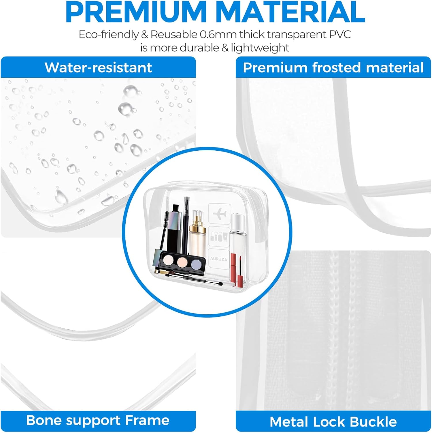 AURUZA 2 Pack Travel Toiletry Bag, Clear Makeup Bag, TSA Approved Cosmetic Bag with Zipper, Clear Organizer Carry on Bag for Women, PVC Cosmetic Pouch