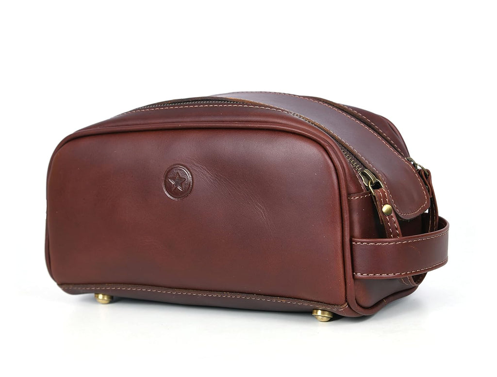 10" Premium Leather Toiletry Travel Pouch With Waterproof Lining | King-Size Handcrafted Vintage Dopp - Kit Gift for Father's Day By Aaron Leather Goods