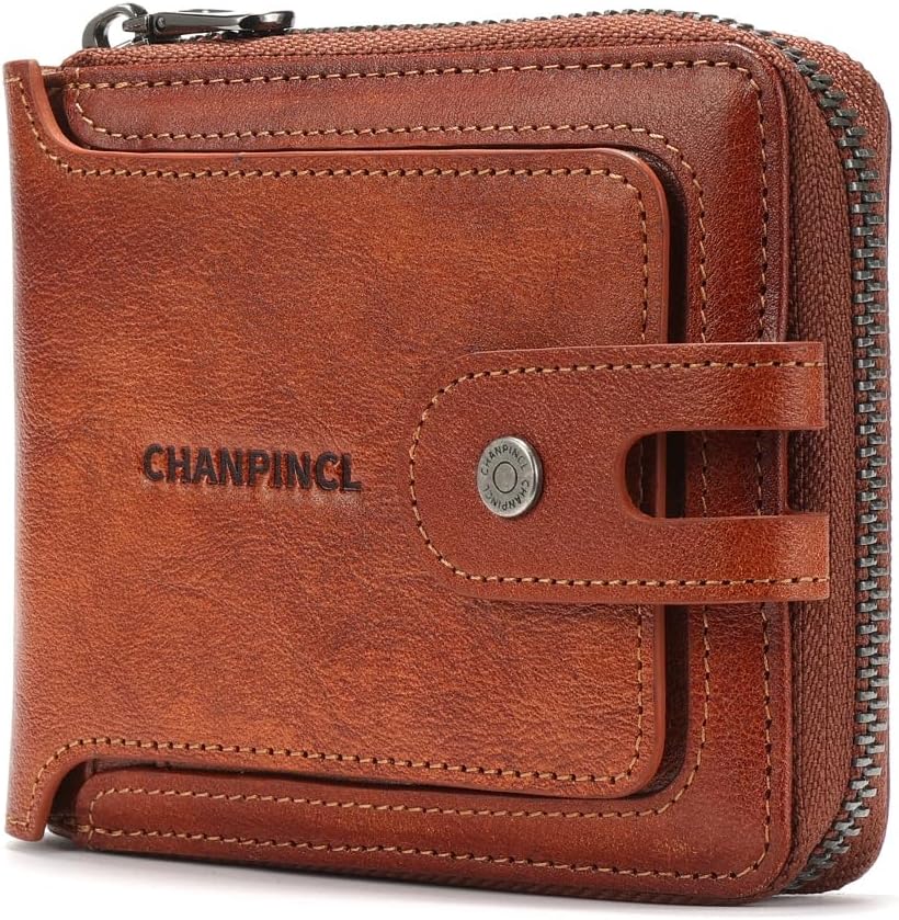 Men's brand buckle driver's license zipper genuine leather wallet, large capacity, multifunctional coin pocket (Yellowish brown)