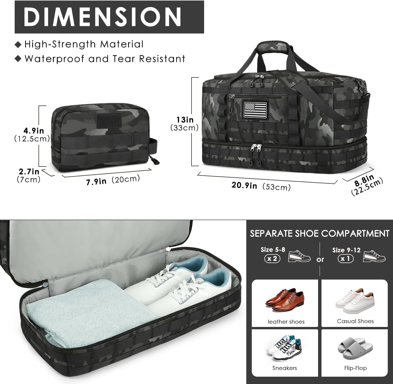 ETRONIK Travel Bag for Men Women, Gym Bag & Tactical Duffle Bags for Travel, Carry on with Toiletry Bag and Shoe Compartment, Weekender Overnight Trip with Wet Pocket for Workout Medical, Black Camo