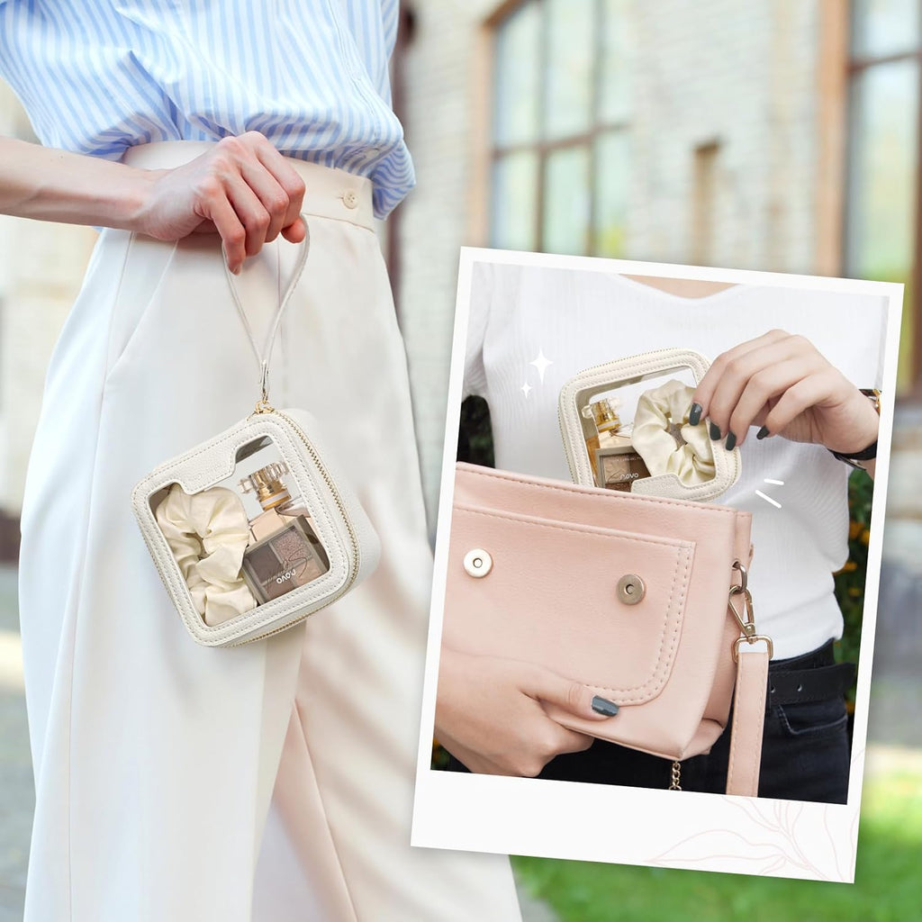 PACKISM Small Clear Makeup Bag - Pebbled Texture & Hard PU Leather Mini Makeup Bag for Purse, Cosmetic Travel Bag Car Bag for Essentials for Women Gift Daily Use (Cream Mini)