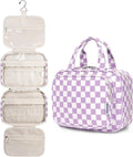 Narwey Hanging Toiletry Bag for Women Travel Makeup Bag Organizer Toiletries Bag for Travel Size Essentials Accessories Cosmetics (Purple Checkerboard (Medium))