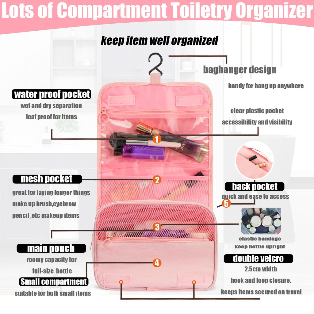 L&FY Multifunction Portable Travel Toiletry Bag Cosmetic Makeup Pouch Toiletry Case Wash Organizer (Pink)