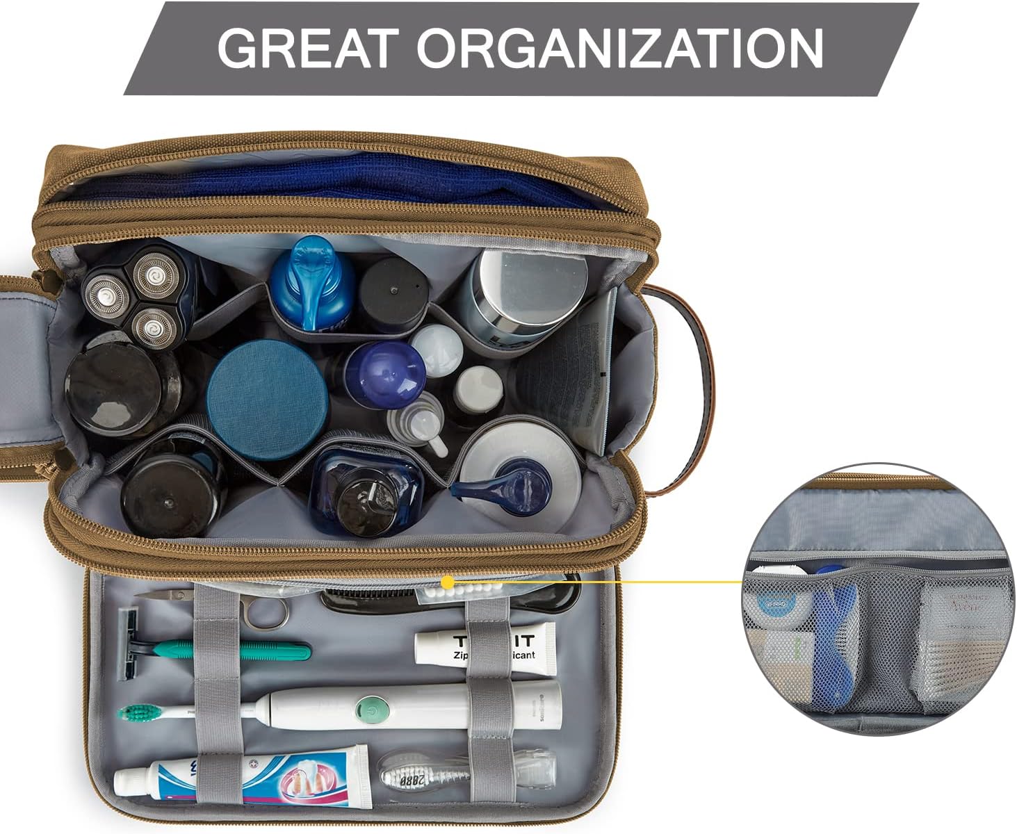 BAGSMART Toiletry Bag for Men, Canvas Travel Toiletry Organizer Dopp Kit Water-resistant Shaving Bag for Toiletries Accessories,Khaki-Large