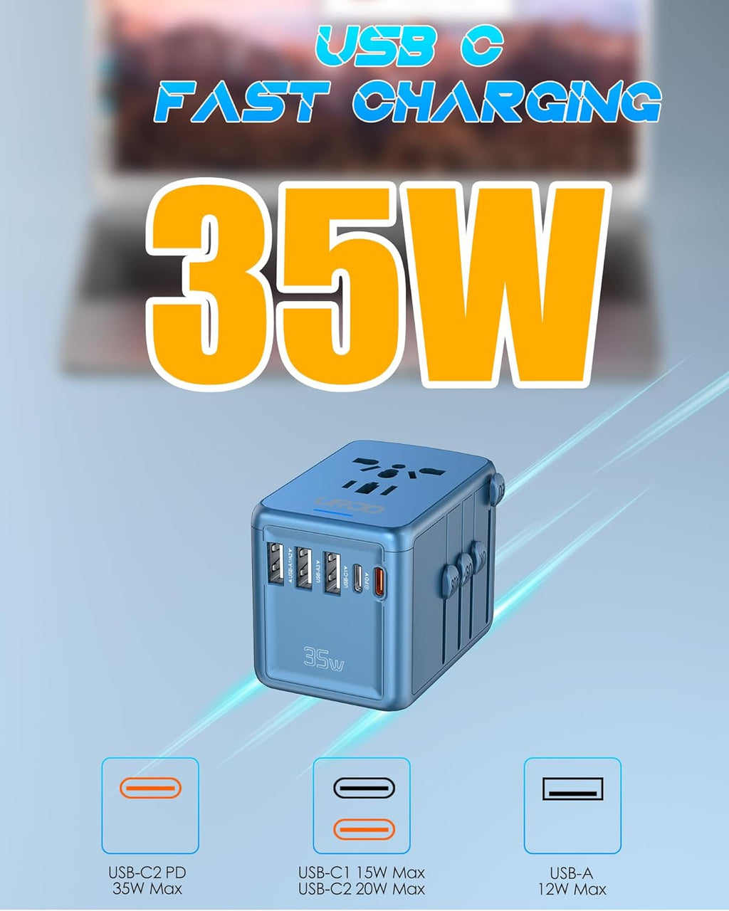 35W PD Universal Travel Adapter Fast Charging Offers 3X2.4A USB-A Ports, 2X USB-C Ports and Multi AC Outlet, International Plug Converter Worldwide Travel Charger All in One for EU US UK AUS