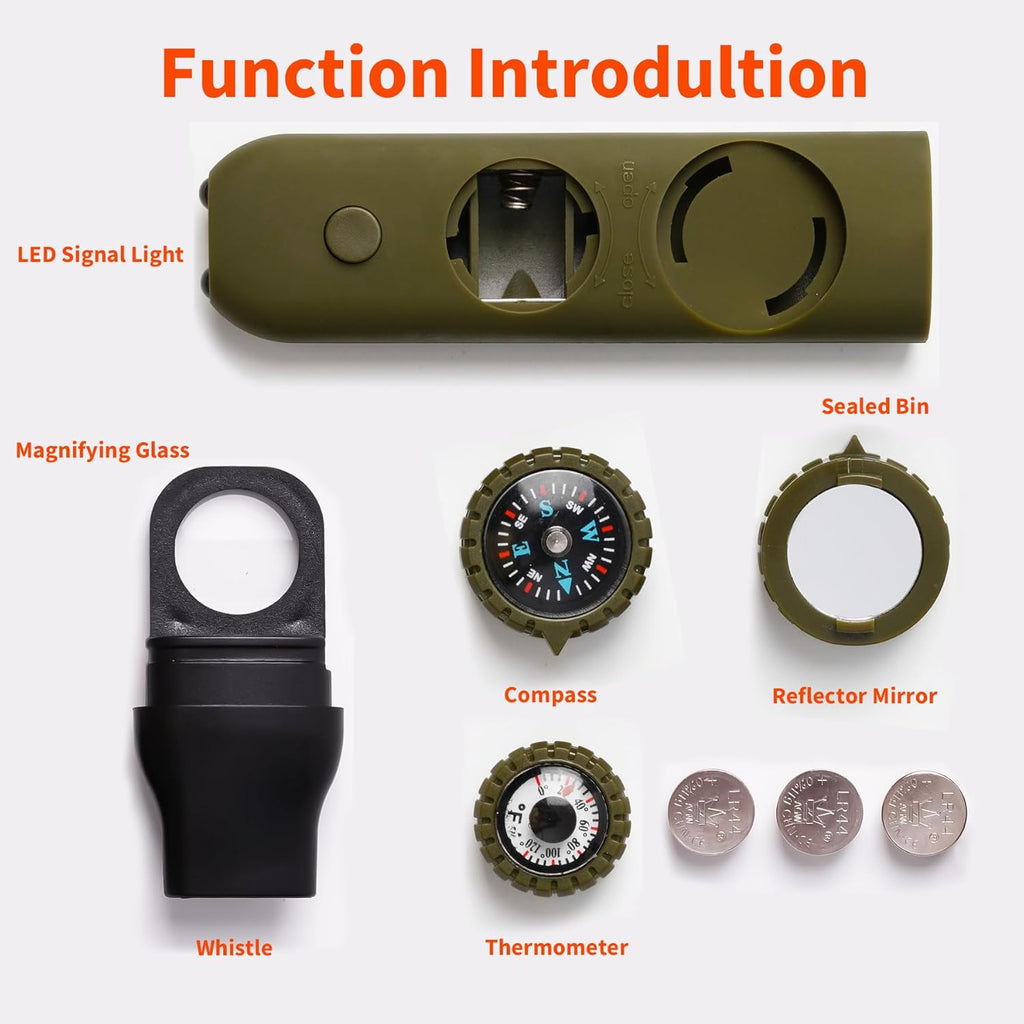 Multifunctional Survival Emergency Whistle for Kids with Compass Hiking Survival, Thermometer & Neck Lanyard | Emergency Safety Gear for Hiking, Camping, Kayaking, Boating, Climbing