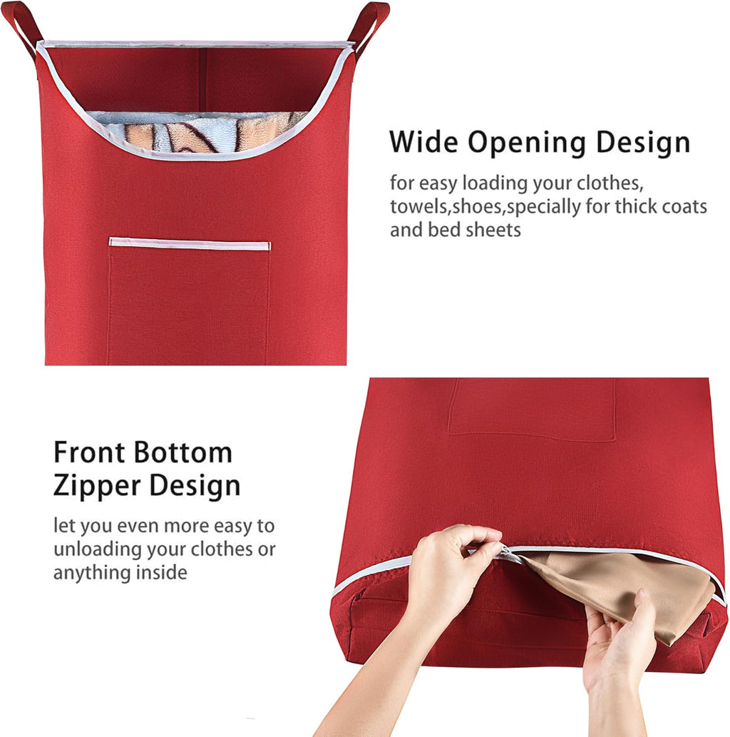 Hanging Laundry Hamper Bag Behind Door Hampers for Laundry Hanging Save Space Zipper Laundry Hamper Door Hanging with 2 PCs Stainless Steel Hooks Suction Hooks for Wall/Bathroom (Red-2Pack)