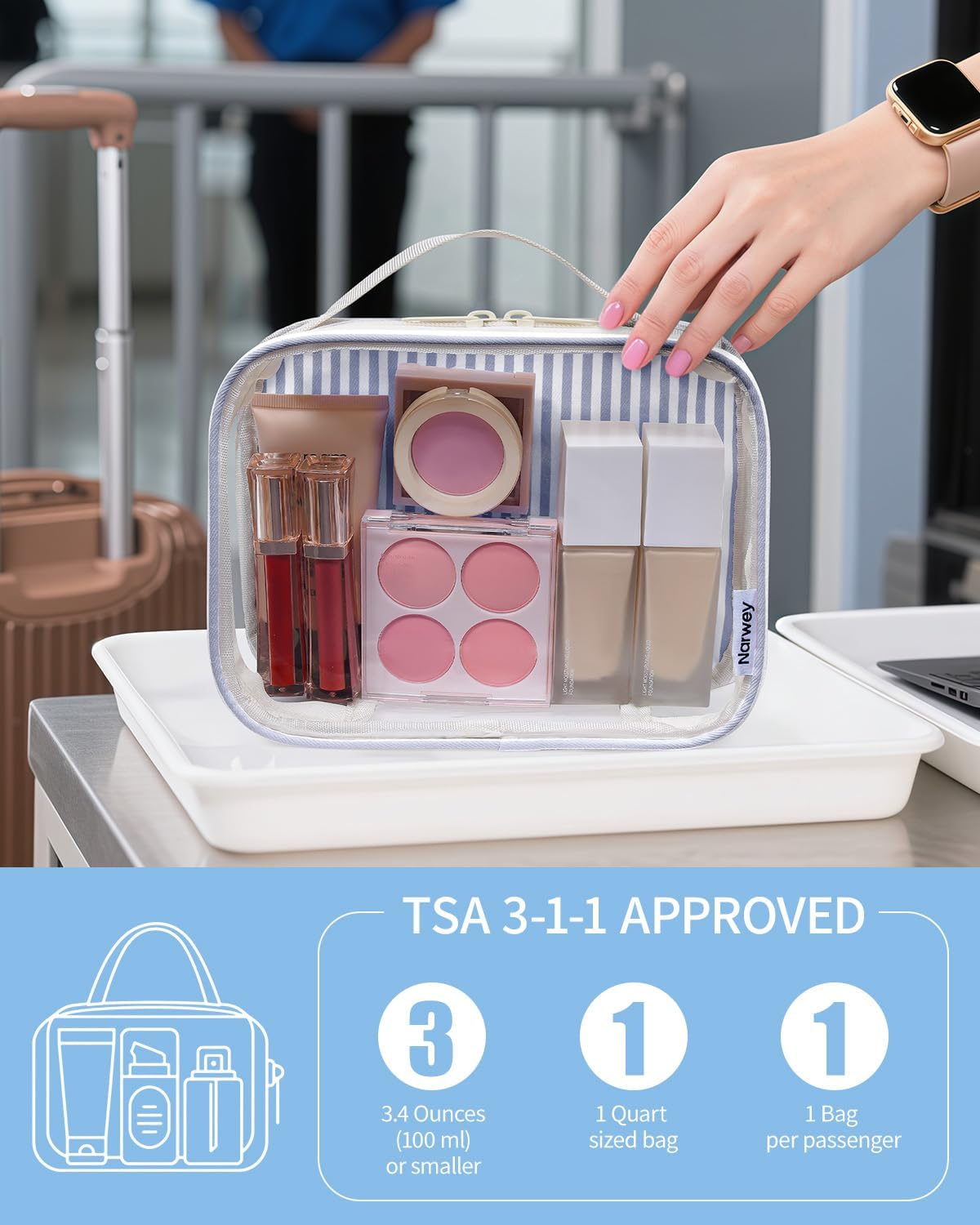 Narwey TSA Approved Clear Toiletry Bag for Travel, Waterproof PVC Clear Makeup Bags, Portable Compact Cosmetic Bag Make Up Organizer, Airport Airline Quart Size Compliant Bag (Greyish Blue Stripe)