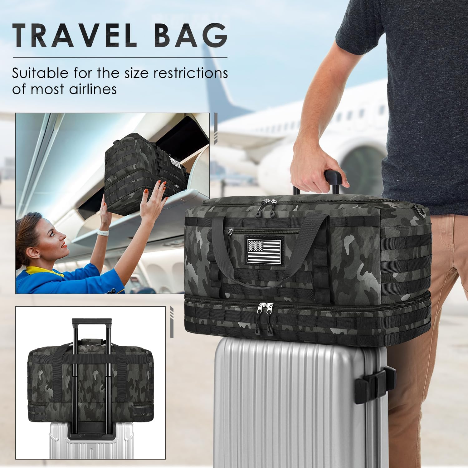 ETRONIK Travel Bag for Men Women, Gym Bag & Tactical Duffle Bags for Travel, Carry on with Toiletry Bag and Shoe Compartment, Weekender Overnight Trip with Wet Pocket for Workout Medical, Black Camo