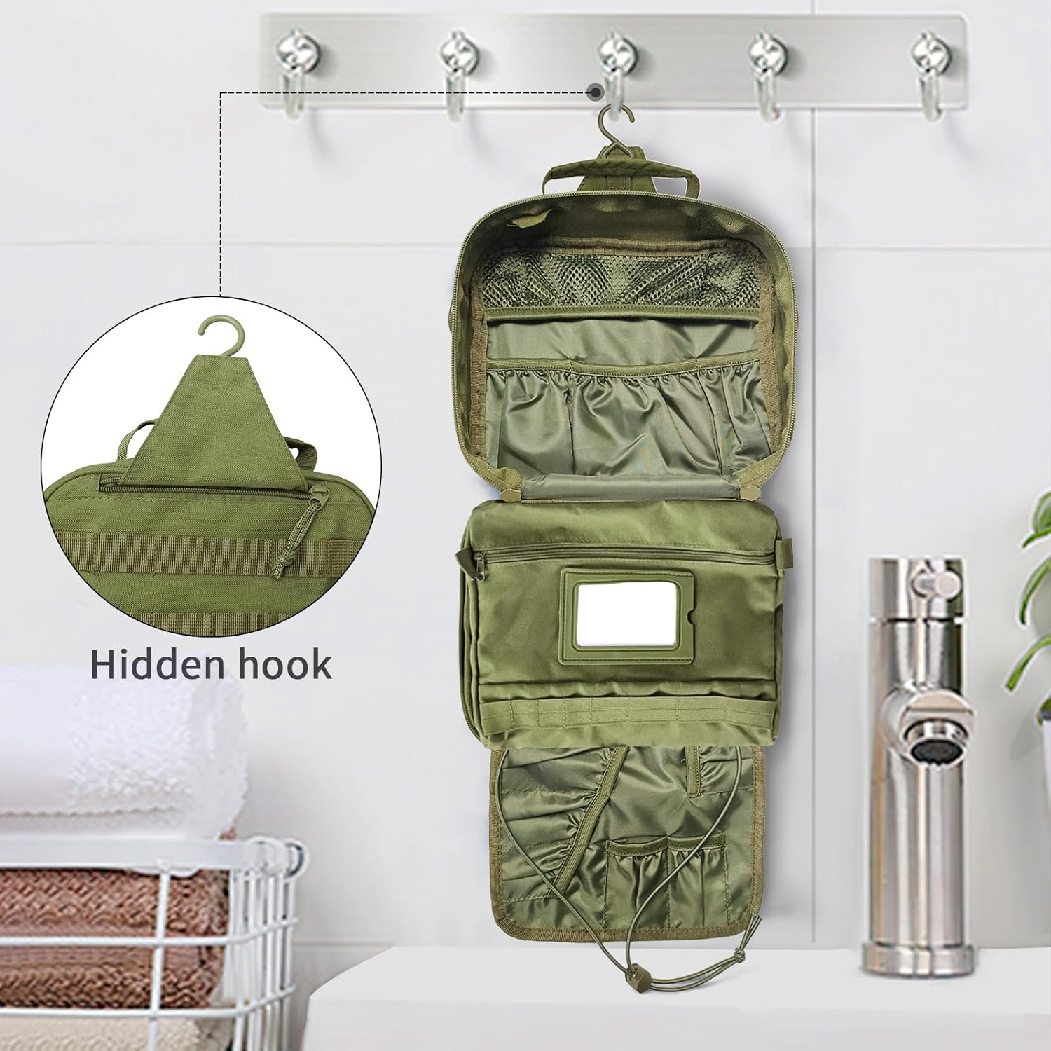Travel Toiletry Bag for Men, Hanging Toiletry Bag, Portable Organizer Dopp Kit Shaving Bag for Toiletries Tactical Accessories Essentials - Army Green