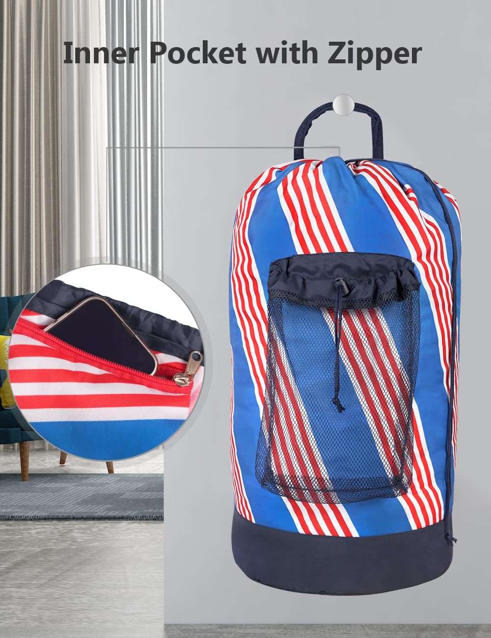 Dalykate Backpack Laundry Bag with Shoulder Straps and Mesh Pocket Durable Nylon Clothes Hamper Bag with Drawstring Closure for College, Travel, Laundromat, Apartment