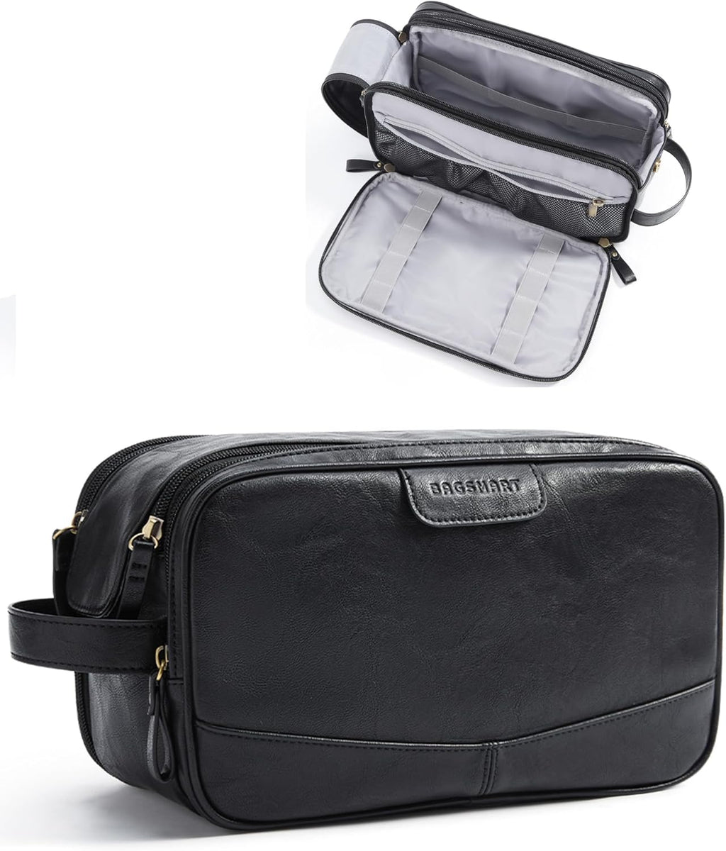BAGSMART Toiletry Bag for Men, PU Leather Travel Bag for Toiletries, Dopp Kit Water Resistant Shaving Bag for Bathroom Shower-Black