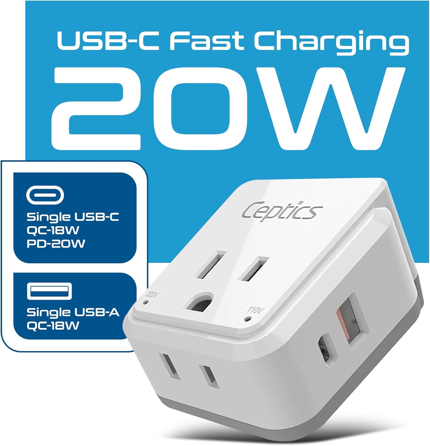 Ceptics South Africa Power Adapter Travel Set - 20W PD & QC, Fast & Safe with Dual USB & USB-C - 2 USA Outlet - Use All Over Africa, Zimbabwe, Morocco - Includes Type E/F, M, G SWadAPt Attachments