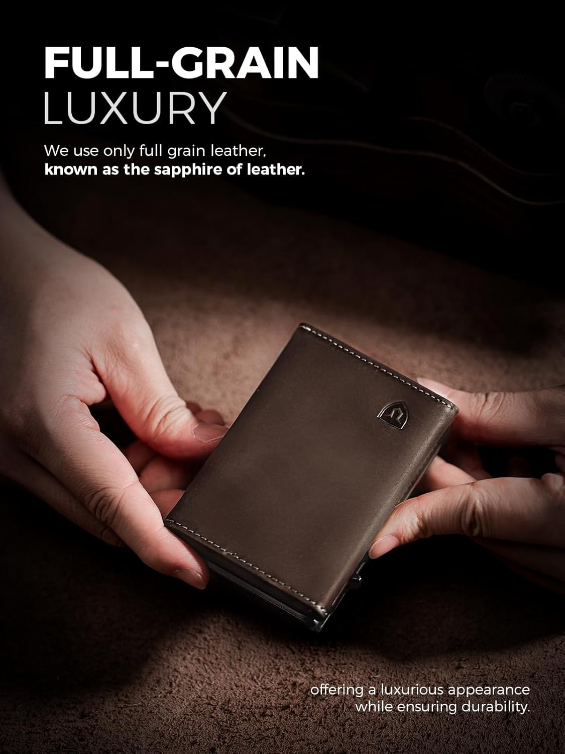 LORZOR Wallet for Men with Metal Card Holder, Pop Up Wallet, Finest Full Grain Leather Trifold Wallet, Smart, Minimalist, RFID Blocking, Front Pocket, ID Window, Brown/Grey