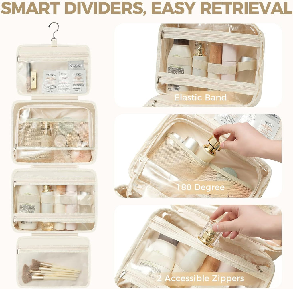 Toiletry Bag For women,Portable Hanging Organizer,4 Leakproof Compartment for full-sized Conditioner, Brushes Set, Makeup Accessories,Visible and easy to access.M-beige