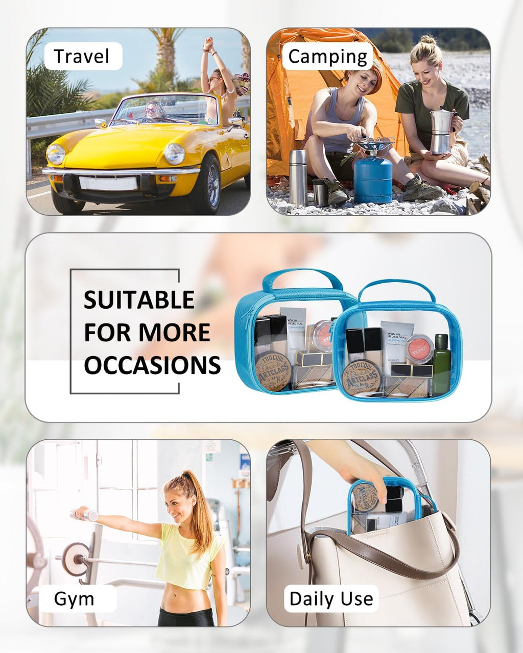 Moyad TSA Approved Clear Toiletry Bag, 2 Pack Quart Size 3-1-1 Liquids Pouch for Travel, Transparent Makeup & Cosmetic Organizer for Women Men, Blue