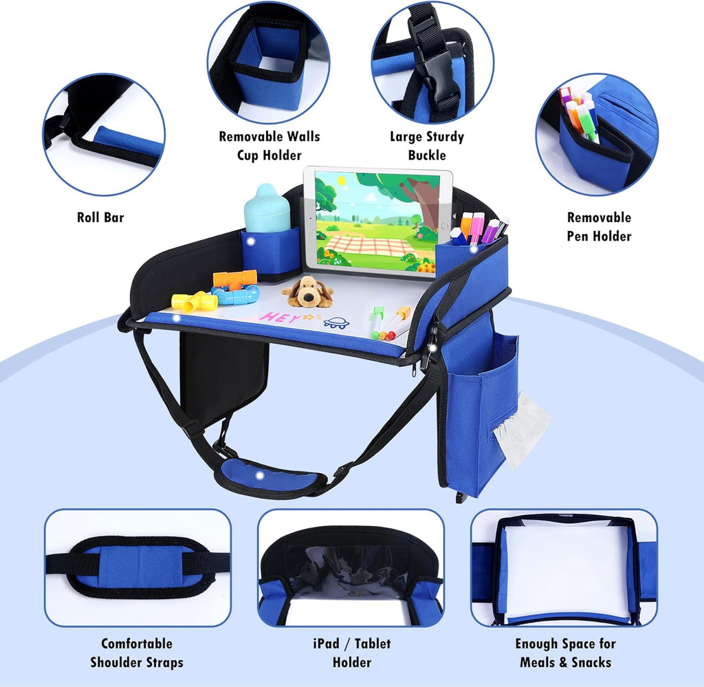Kids Travel Tray, Travel Tray For Kids Car Seat, Toddler Road Trip Essentials With Drawing Kit, Carseat Tray For Kids Travel, Travel Activities Road Trip Must Haves For Kids (Navy Blue)