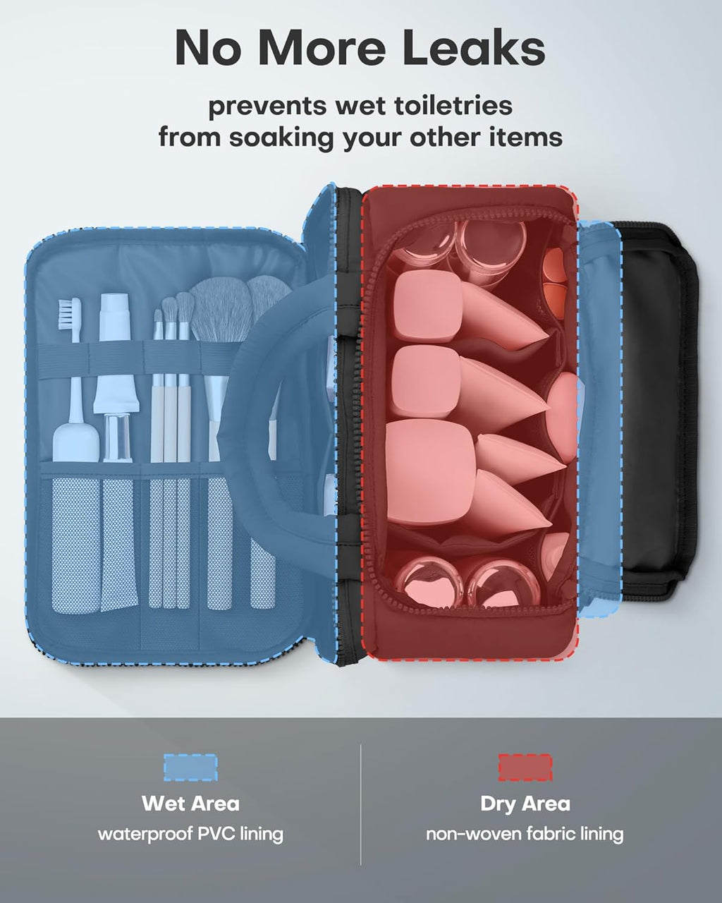 HOTOR Travel Toiletry Bag - Wide-Open Toiletry Bag for Women, Multi-Pocket Makeup Bag for Travel Essentials, Wet & Dry Separation Travel Accessories for Trip, Gym, 12.6" x 6.3" x 8.9", Black