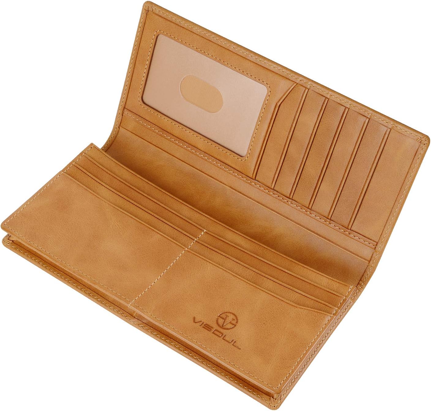 VISOUL Mens Leather Long Checkbook Bifold Wallets with RFID Blocking, Breast Pocket Tall Billfold Secretary Wallet for Men with Card Slots (Tan)