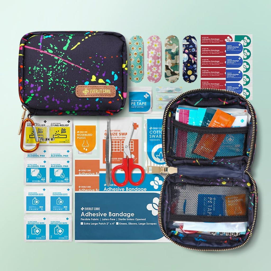 EVERLIT Mini Rescue Pack | 105 Medical Essentials Organized in Portable Storage Bag | Pocket Size Kids First Aid Kit with D Ring | Small Family-Friendly Travel Medical Kit (Splatter)