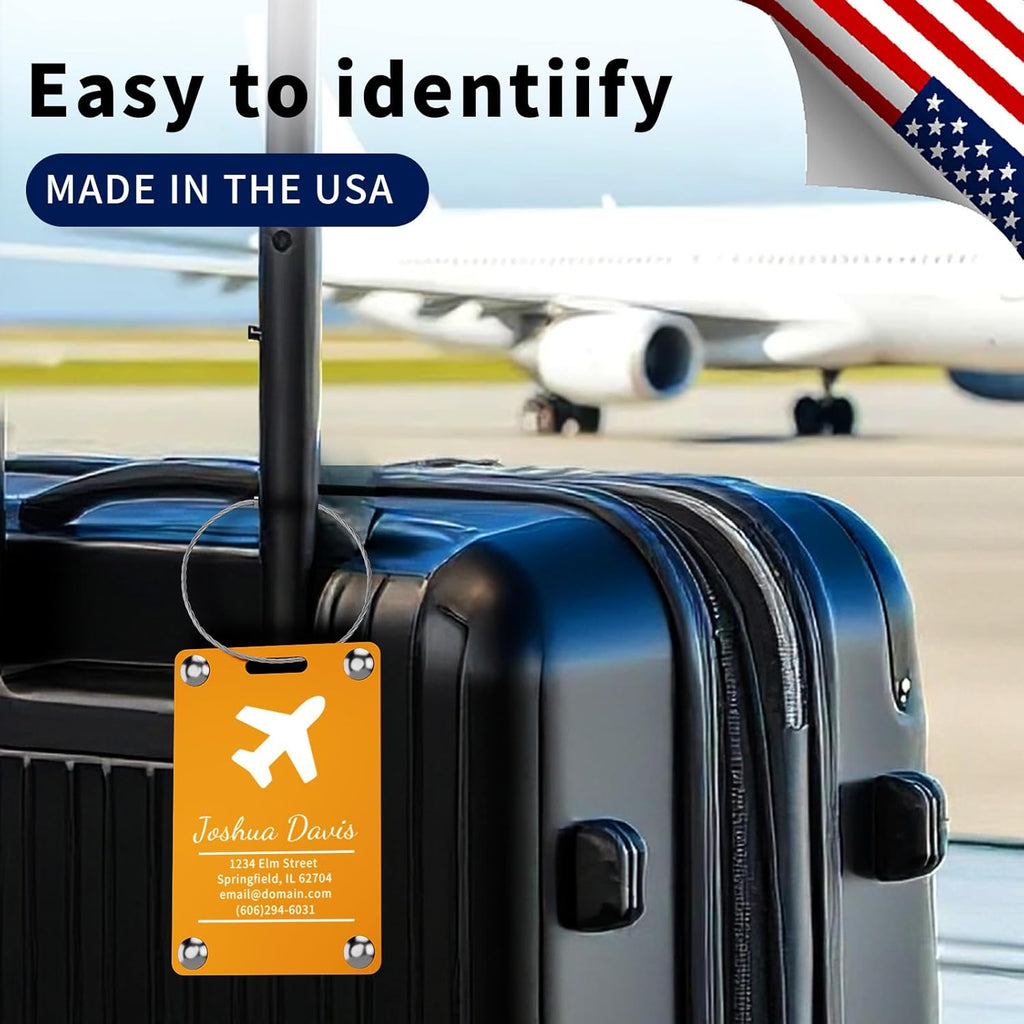 6 Pack Personalized Luggage Tags for Suitcases, Handmade Engraved Stainless Steel Custom Luggage Tags for Cruise Travel with Stainless Loop, Suitcase Identifier Metal Name Baggage Tag