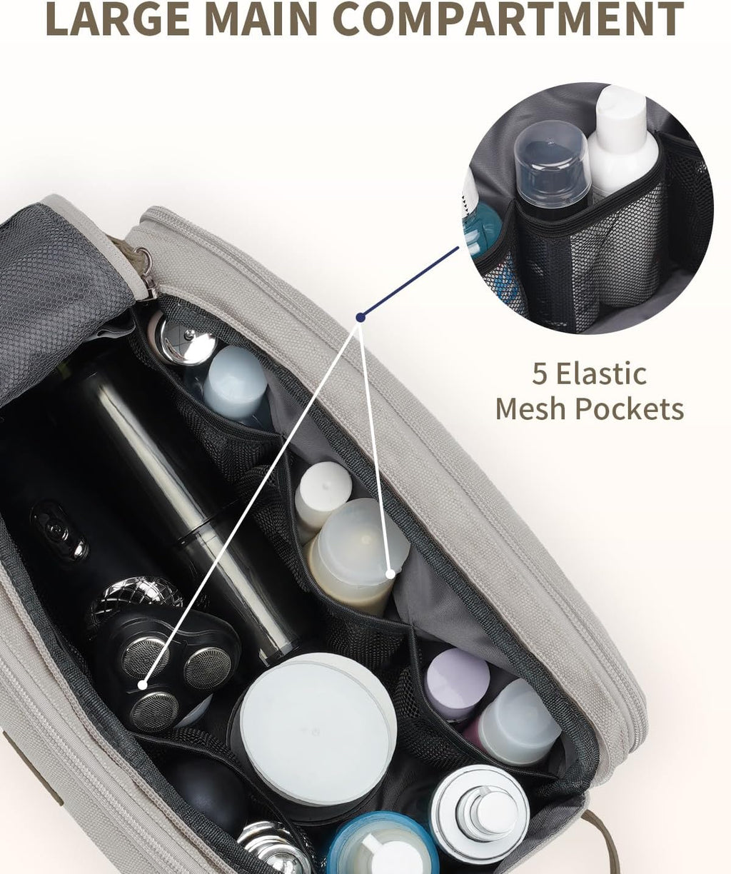 WANDF Toiletry Bag for Men Travel Toiletry Organizer Canvas and Leather Dopp Kit Water-Resistant Shaving Bag for Travel Accessories (Cream Beige, Large)