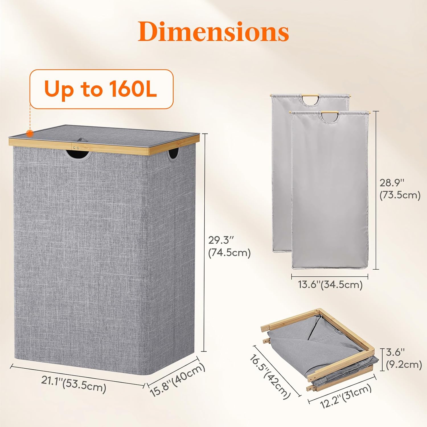 Lifewit 160L Double Laundry Hamper with Lid, Extra Large Bamboo Laundry Basket Dirty Clothes Hamper, 2 Section Laundry Bin Organizer for Laundry Room Bedroom with 2 Removable Liners & Bags, Gray