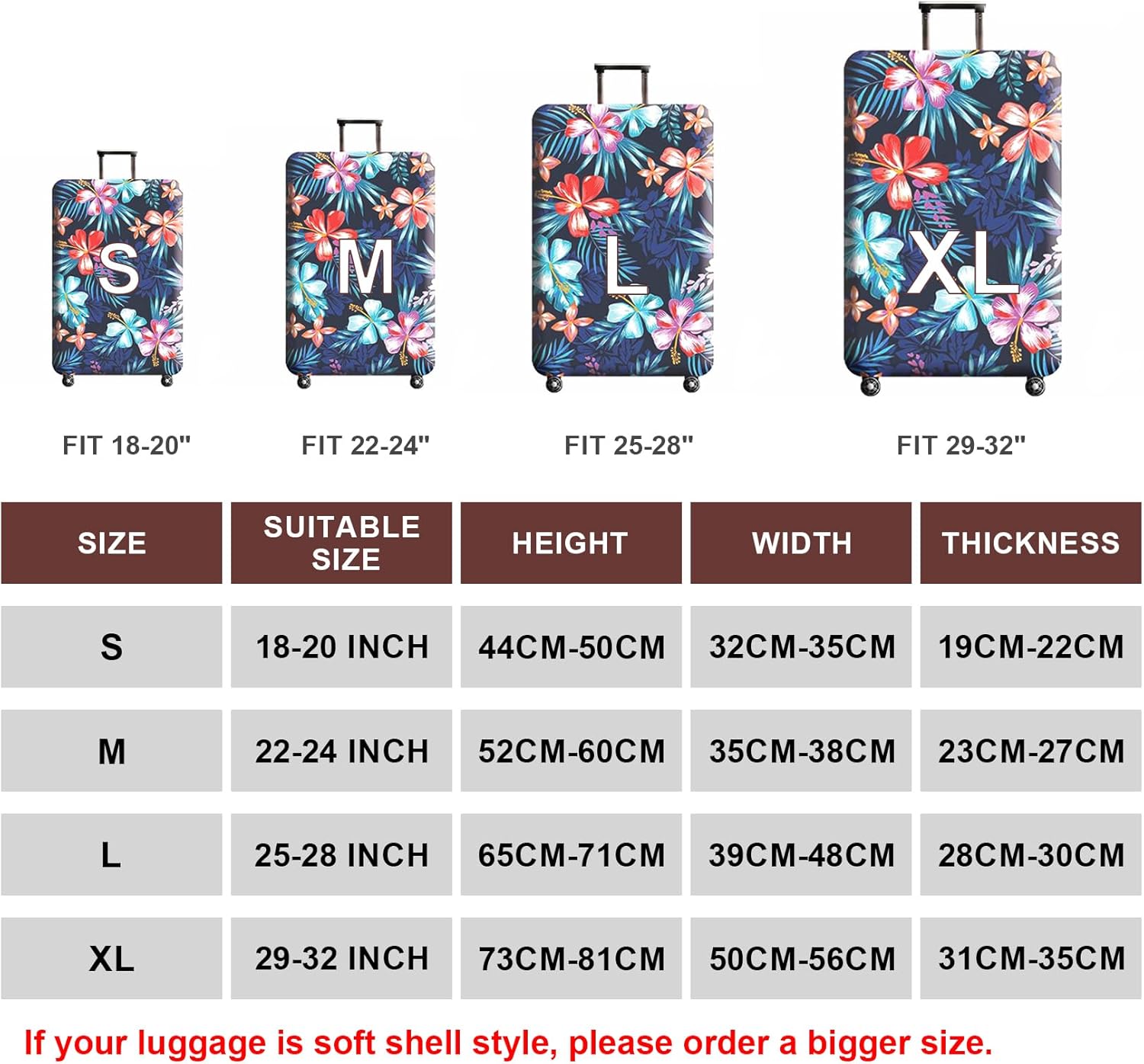 WUJIAONIAO Travel Luggage Cover Baggage Suitcase Protector Fit for 18-32 Inch Luggage (S (for 18-20 inch luggage), Flower)