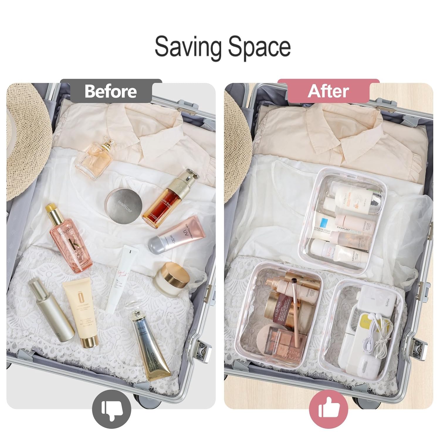 PACKISM Clear Makeup Bags - 2 Pack Quart Size Travel Bag TSA Approved Clear Travel Bags for Toiletries,Cosmetic Bags Carry onToiletry Bag TSA Approved Toiletry Bags, White