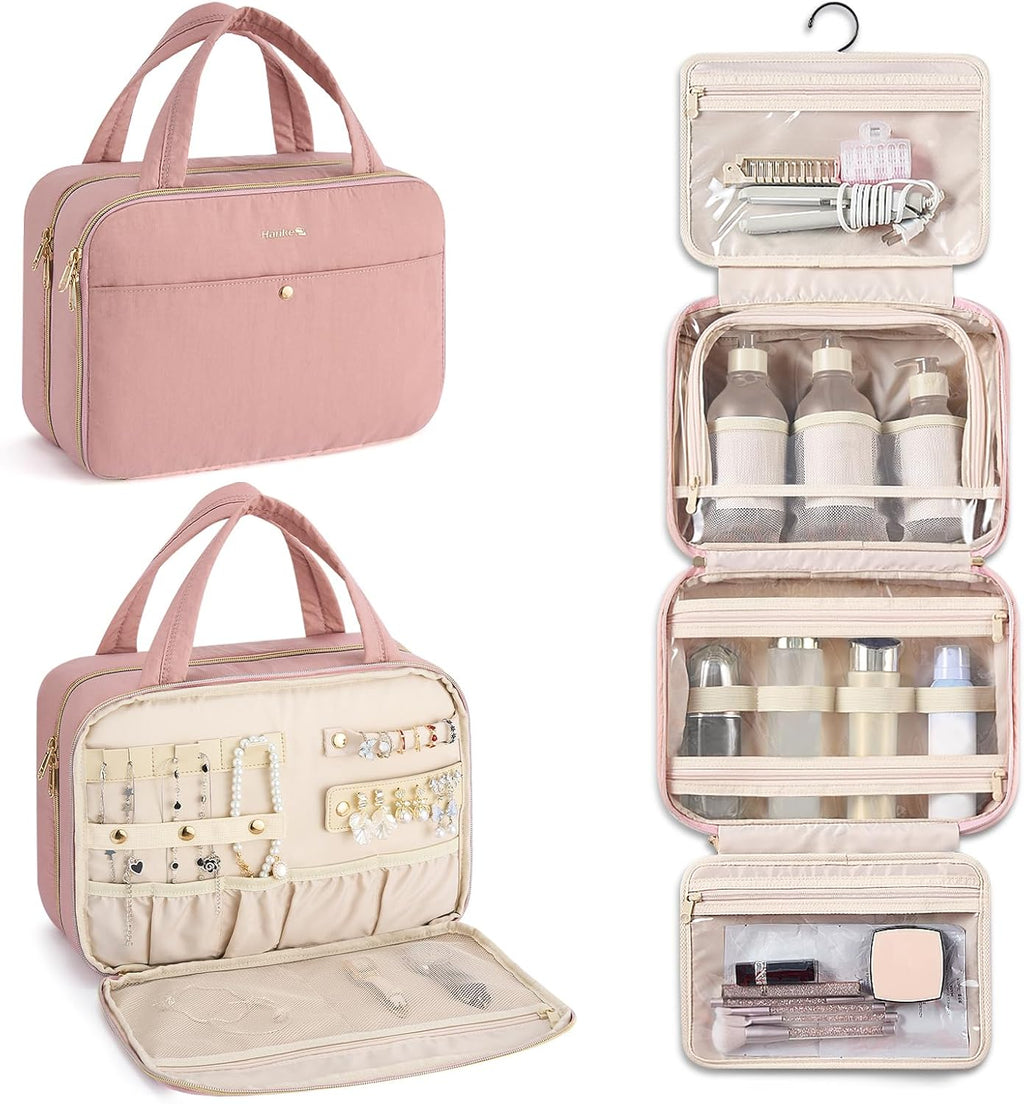 Hanke Hanging Travel Toiletry Bag for Women with Jewelry Organizer Compartment, Travel Essentials Toiletries and Makeup Bag, Water-Resistant & Stain-Resistant with Trolley Strap (Pink)